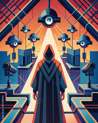 Futuristic Surveillance Society with Omnipresent Cameras and Anonymous Figure