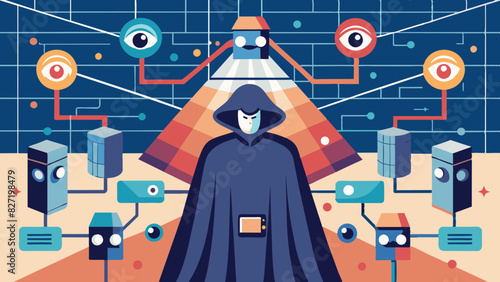Mysterious Hacker in Hoodie Surrounded by Surveillance Cameras