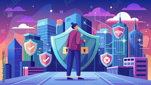 Digital Security Guardian Overlooking Cyber Cityscape at Dusk