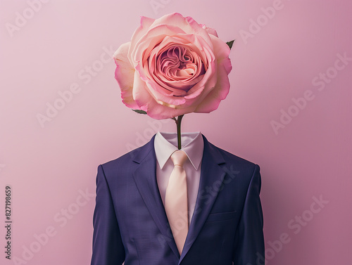 a pink rose head on a suit and tie in a pastel pink background, blending nature with formal attire for a unique visual concept. photo