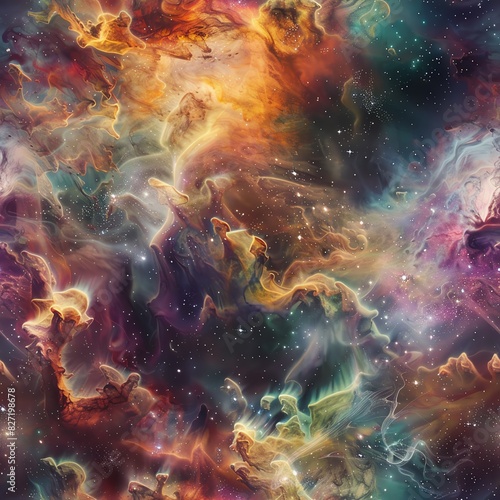 Close-up on the intricate details and swirling patterns of colorful nebula clouds  capturing the dynamic and ethereal nature of cosmic dust and gas