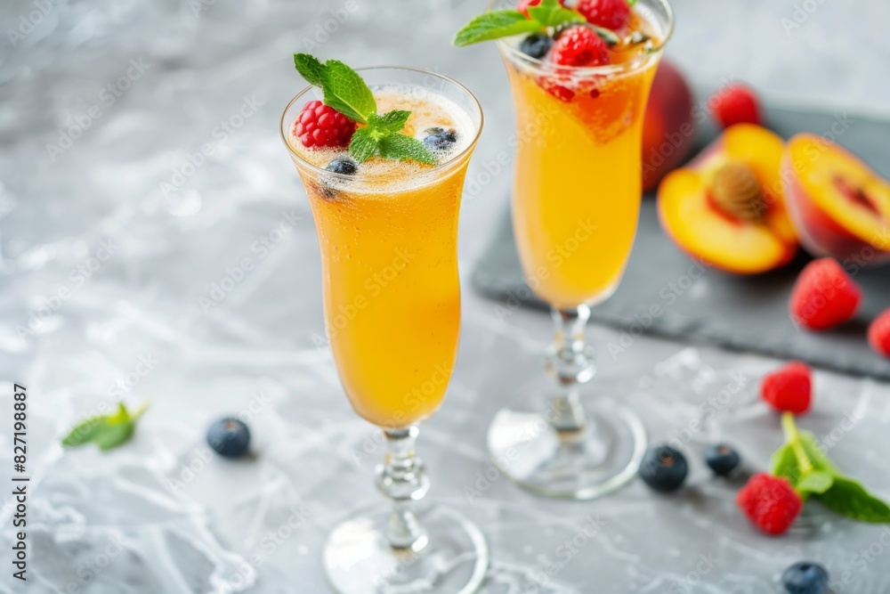 Two elegant champagne flutes with drinks and fresh berries on a table