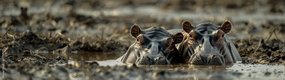 Hippos Wallowing in Muddy Waterhole Closeup, Blurry Hippos Wallowing in Muddy Waterhole Closeup, Blurry