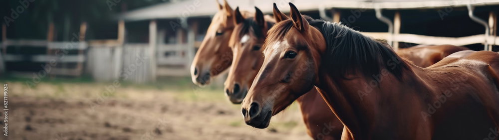 Fototapeta premium Horses trotting in corral, closeup, realistic, photo