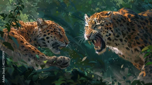 Fototapeta samoprzylepna Two leopards fighting in the jungle
