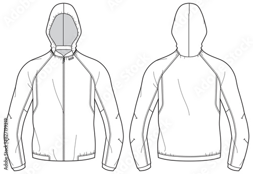 Tech shell Bomber Hoodie jacket design flat sketch Illustration, Hooded sweater jacket with front and back view, winter hoody jacket for Men and women CAD drawing template