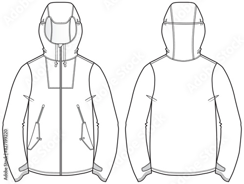 Hard shell Hoodie jacket design flat sketch Illustration, Protection Hooded jacket with front and back view, winter hoody jacket for Men and women. for hiker, outerwear in winter
