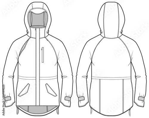 Long sleeve Anorak Hoodie jacket design flat sketch Illustration, Protection Hooded jacket with front and back view, winter hoody jacket for Men and women. for hiker, outerwear in winter