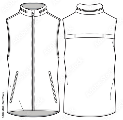 Sleeveless Gilet jacket design flat sketch Illustration front and back view vector template, Winter Padded puffer Jacket for men and women