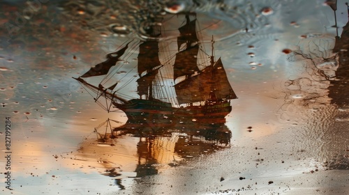 Ship s reflection in a puddle