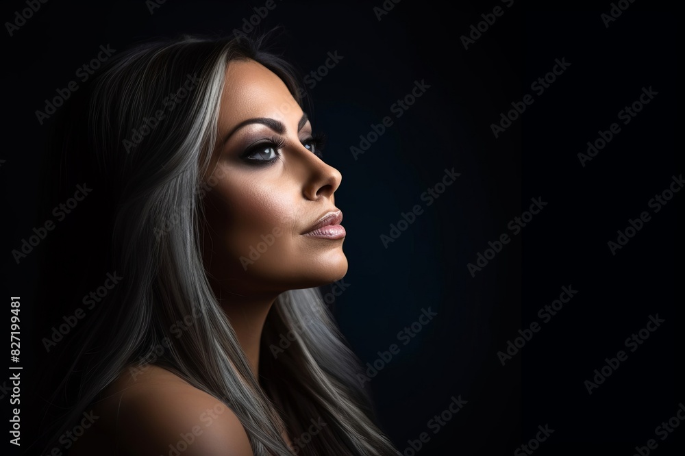 profile portrait of beautiful woman on her hand on a dark background profile portrait of beautiful woman on her hand on a dark background