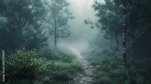 A misty forest with a path leading through it