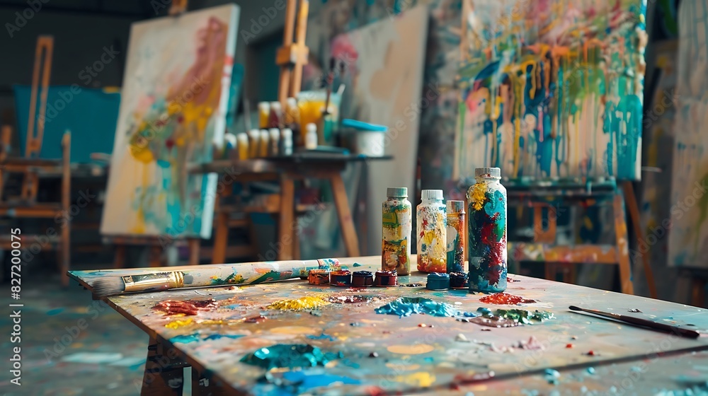 An artist's studio filled with colorful paints and canvases. 8k, realistic, full ultra HD, high resolution and cinematic photography