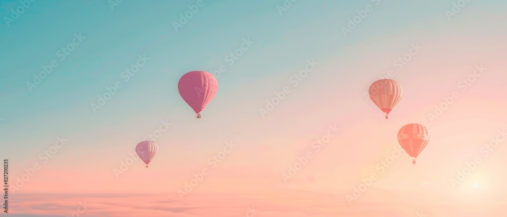 Obraz premium Pastel hot air balloons in a clear sky, soft and whimsical, ideal for a childs room or playful space
