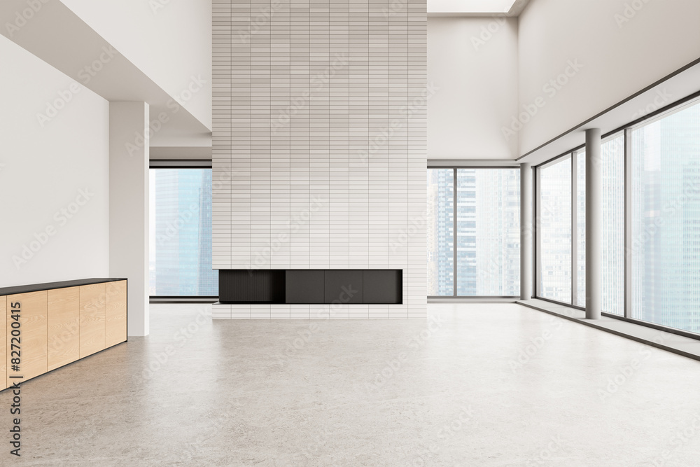 Home empty living room interior and panoramic window on skyscrapers Home empty living room interior and panoramic window on skyscrapers