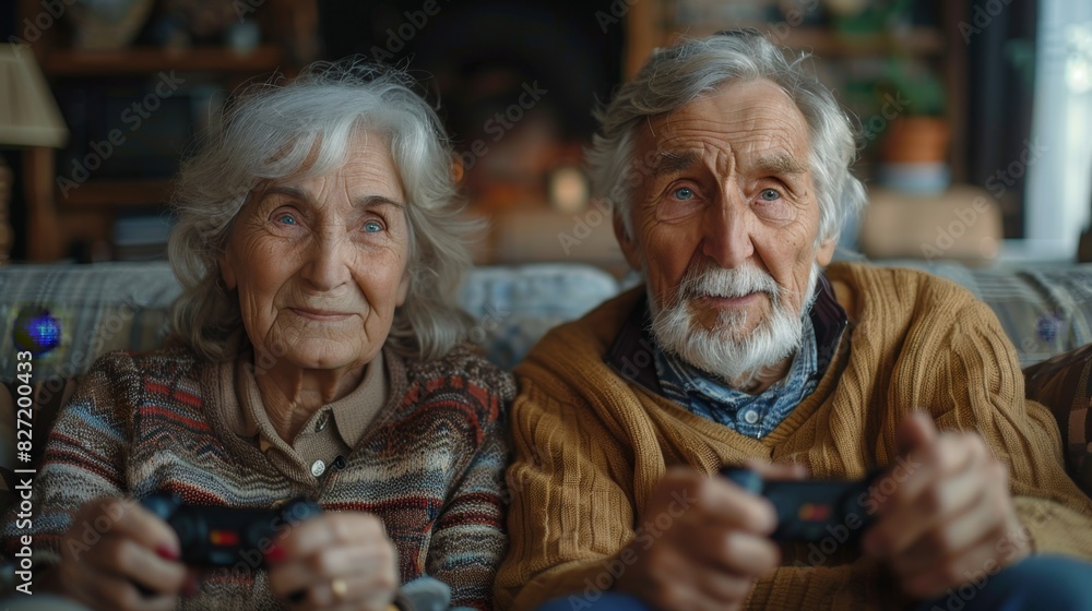 A cheerful married couple of Caucasian pensioners 70-79 years old plays video games holding gamepads in their hands while sitting on the sofa. elderly people playing video games A cheerful married couple of Caucasian pensioners 70-79 years old plays video games holding gamepads in their hands while sitting on the sofa. elderly people playing video games
