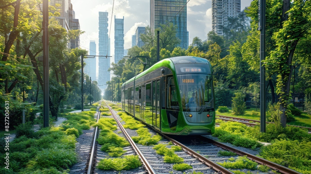 Naklejka premium Illustrate a blank style mock-up of an eco-friendly public transit system using electric buses and trams