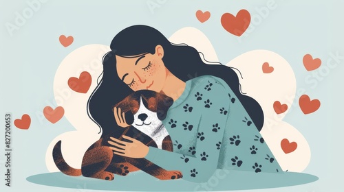 Pet owner cuddling a dog with heartshaped paw prints, Animal Love, Illustration