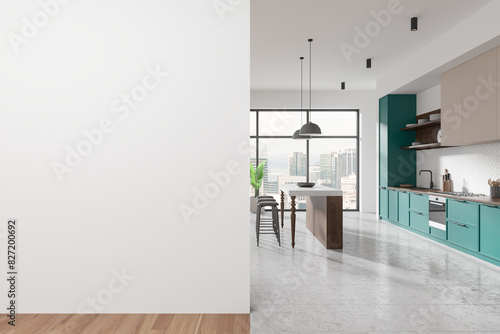 Photography Modern home kitchen interior with bar counter and cabinet, window