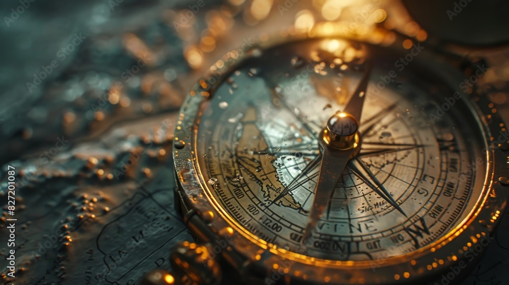 Obraz premium Vintage compass on an ancient map illuminated by warm light symbolizing adventure, navigation, and exploration.