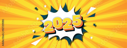 2025 numbers and Abstract orange halftone background. Pop art yellow comics book. Funny retro pattern. Vintage backdrop