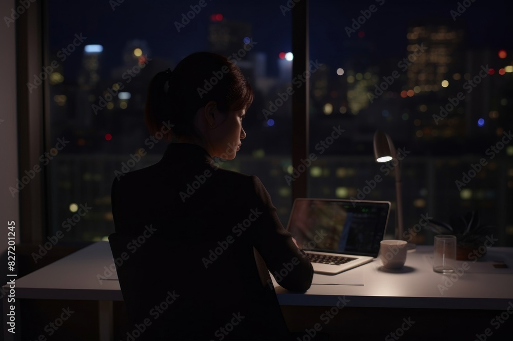 A businesswoman is using laptop and working alone in the office at night. She is looking at the graph on laptop screen and analyzing A businesswoman is using laptop and working alone in the office at night. She is looking at the graph on laptop screen and analyzing