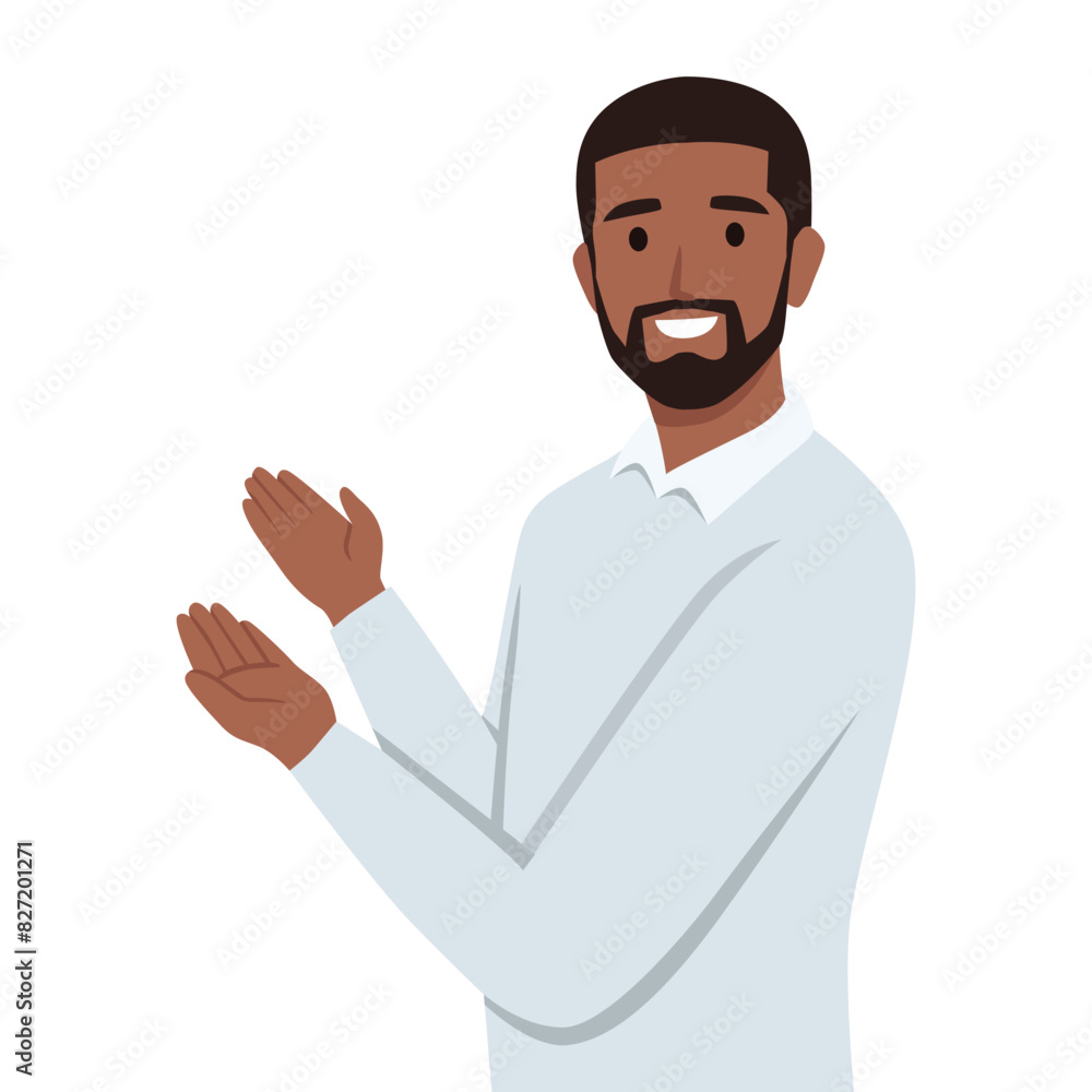 Happy man points to something. Character for advertisement. Flat vector illustration isolated on white background Happy man points to something. Character for advertisement. Flat vector illustration isolated on white background