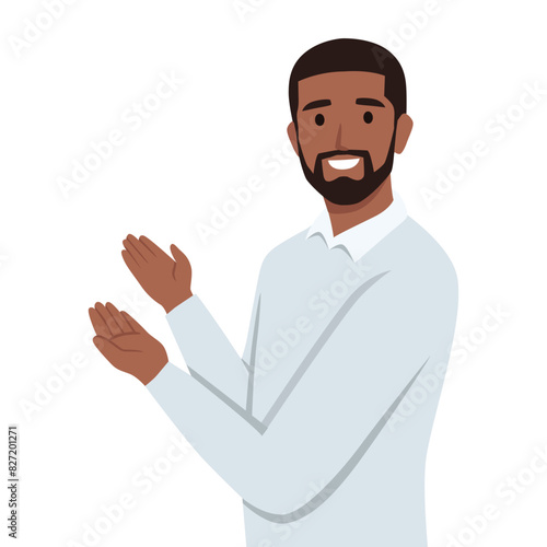 Happy man points to something. Character for advertisement. Flat vector illustration isolated on white background