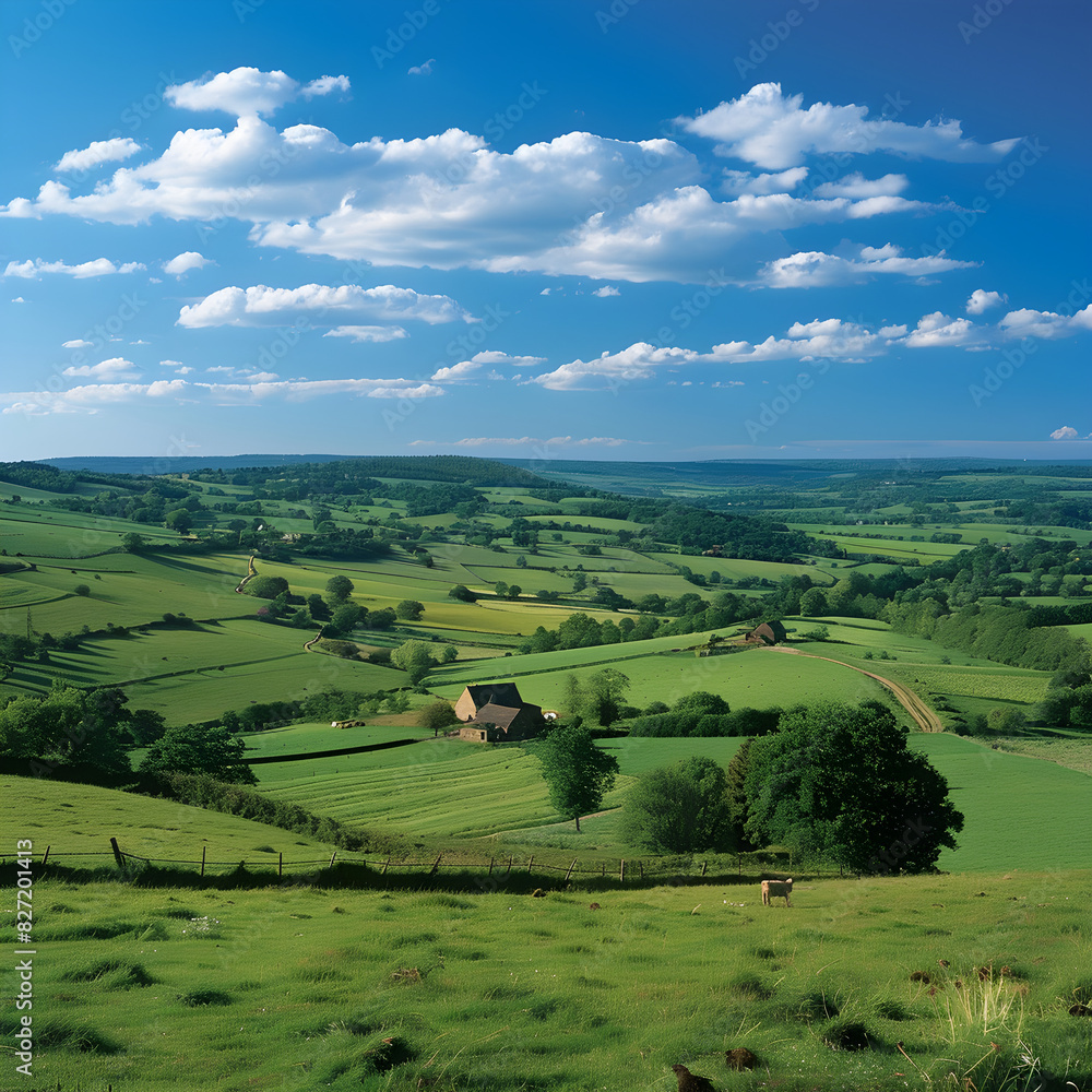 Tranquil Countryside Panorama with Rolling Hills, Farmlands, and Blue Skies