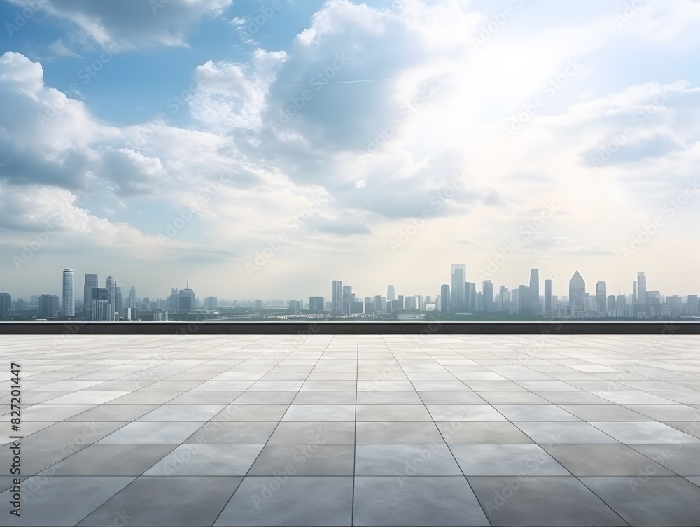 Expansive Cityscape with Towering Skyscrapers and Tranquil Plaza Expansive Cityscape with Towering Skyscrapers and Tranquil Plaza