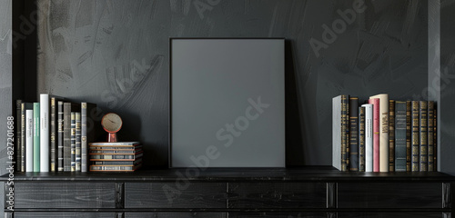 Wallpaper Mural Minimalist dark gallery space, black wooden dresser, books in mint condition, square poster mockup. 3D rendering. Torontodigital.ca