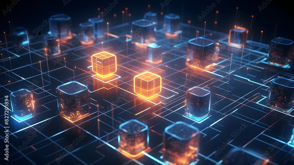 Fototapeta premium Luminous 3D Artificial Intelligence and Blockchain Data Visualization