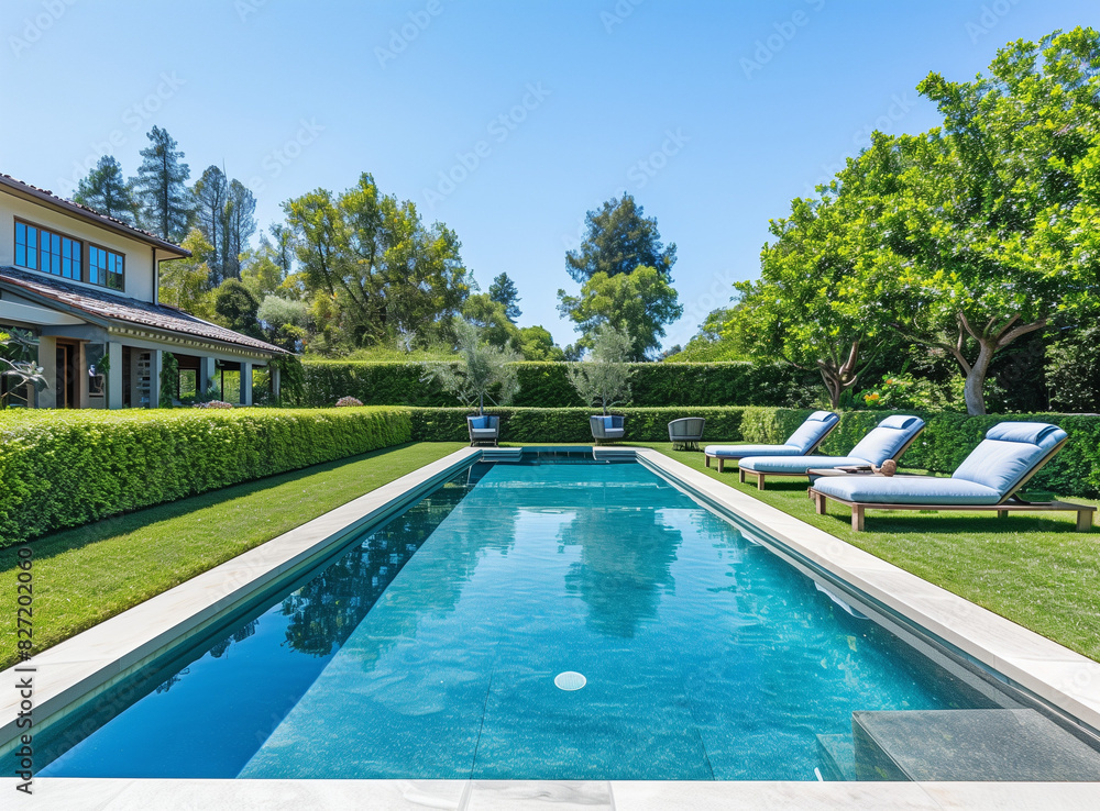 Minimalistic simple backyard with a swimming pool and lounge chairs, surrounded by hedges. In the background, a house with a blue roof. A blue sky. Minimalism. A beautiful sunny day. Stock photo, copy Minimalistic simple backyard with a swimming pool and lounge chairs, surrounded by hedges. In the background, a house with a blue roof. A blue sky. Minimalism. A beautiful sunny day. Stock photo, copy