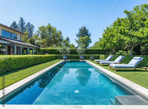 Minimalistic simple backyard with a swimming pool and lounge chairs, surrounded by hedges. In the background, a house with a blue roof. A blue sky. Minimalism. A beautiful sunny day. Stock photo, copy © Asad