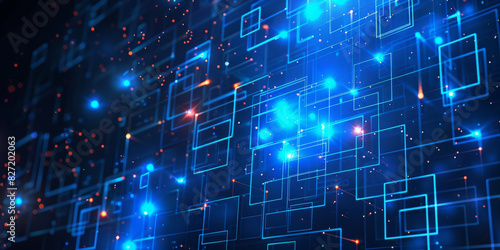 Digital neon grid with glowing blue and pink squares in a futuristic cyber environment 
