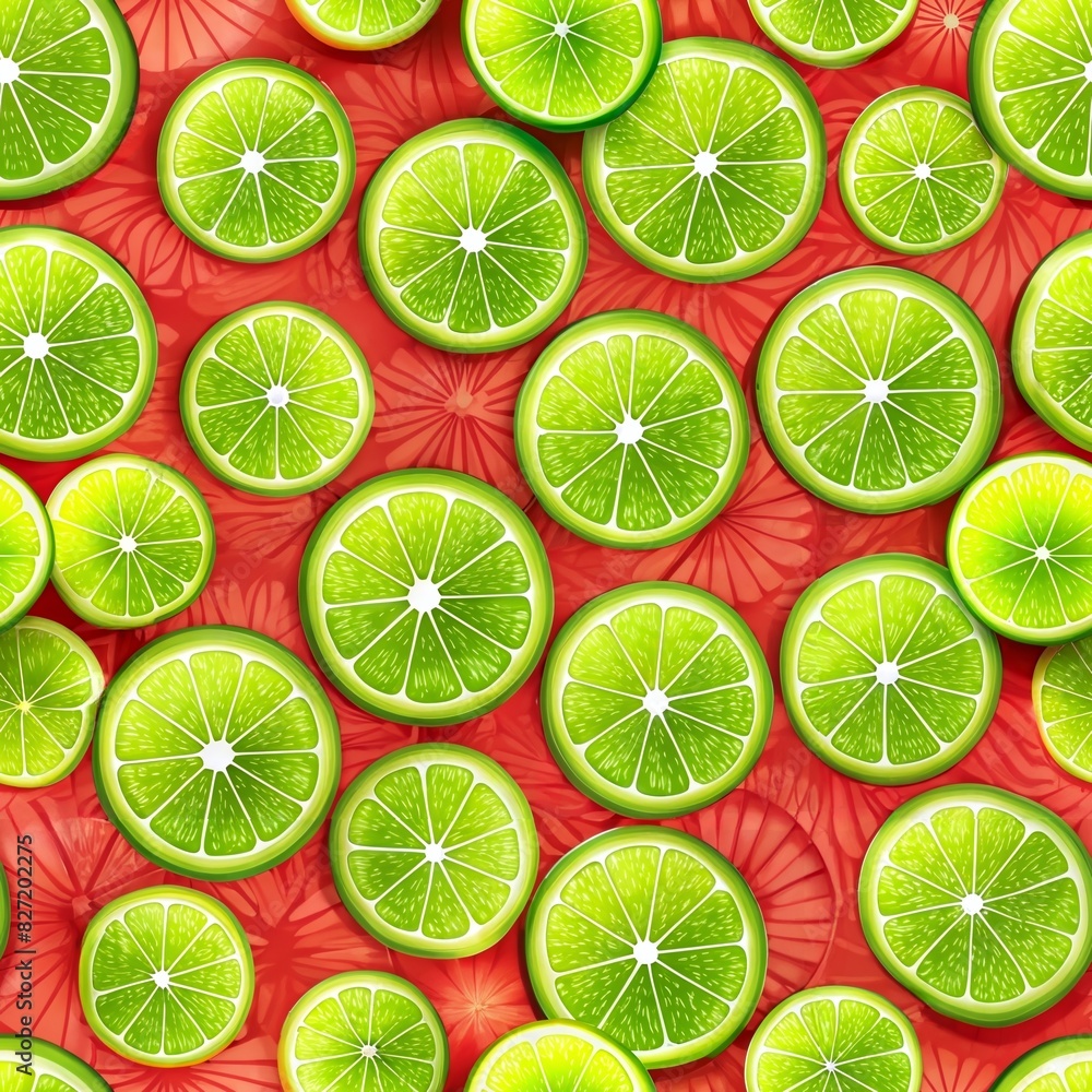 Lime fruit slice in seamless pattern on red background Lime fruit slice in seamless pattern on red background