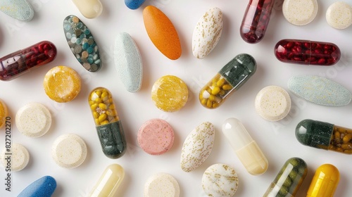 Vitamin pill assortment on white background photo