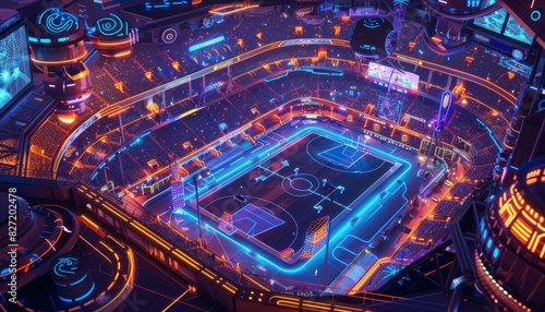 Produce a dynamic digital illustration of a futuristic sports arena, glowing with neon lights and high-tech gadgets, showcasing the integration of data analytics into live games