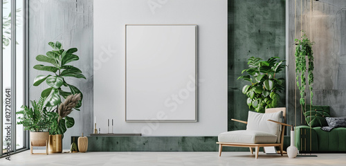 Blank white wall mockup in modern gallery with forest green decor, modern gallery concept,