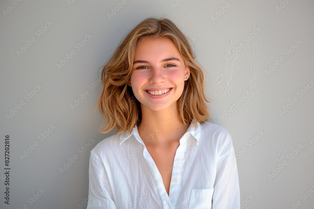A woman with blonde hair is smiling and wearing a white shirt A woman with blonde hair is smiling and wearing a white shirt