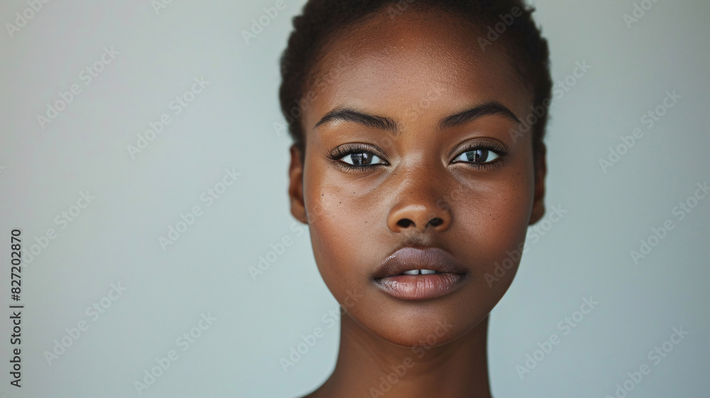 Confident lady with clear skin, posing against a clean, grey background Confident lady with clear skin, posing against a clean, grey background