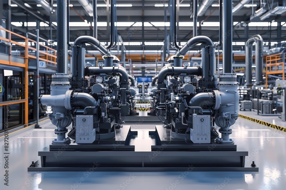Produce a photorealistic 3D rendering of two identical digital twins on a modern manufacturing floor Include intricate machinery and high-tech equipment