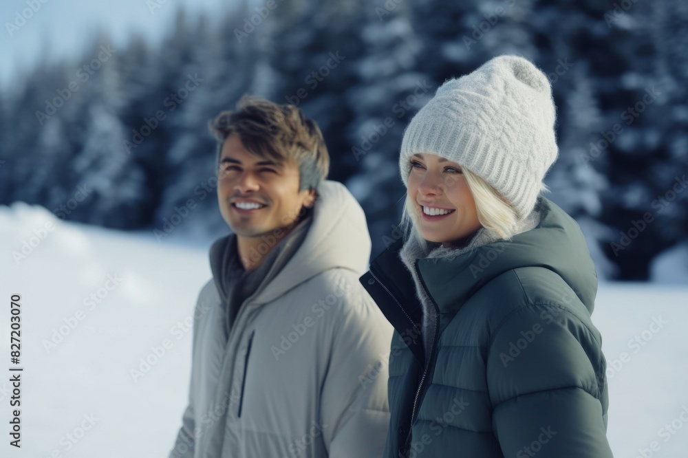 A smiling Caucasian man and a smiling blonde woman relaxing outdoors on the snow while being on vacation A smiling Caucasian man and a smiling blonde woman relaxing outdoors on the snow while being on vacation