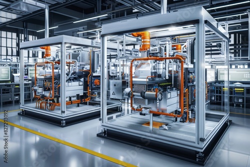 Produce a photorealistic 3D rendering of two identical digital twins on a modern manufacturing floor Include intricate machinery and high-tech equipment photo
