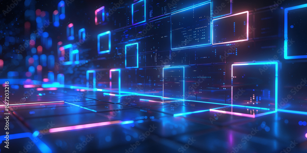 Digital neon grid with glowing blue and pink squares in a futuristic cyber environment
