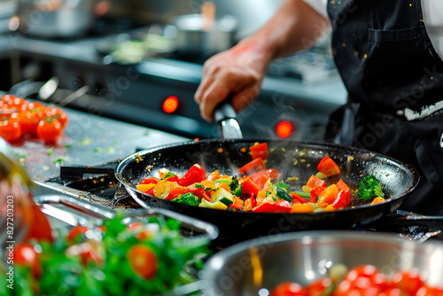 A chef is cooking vegetables in a pan