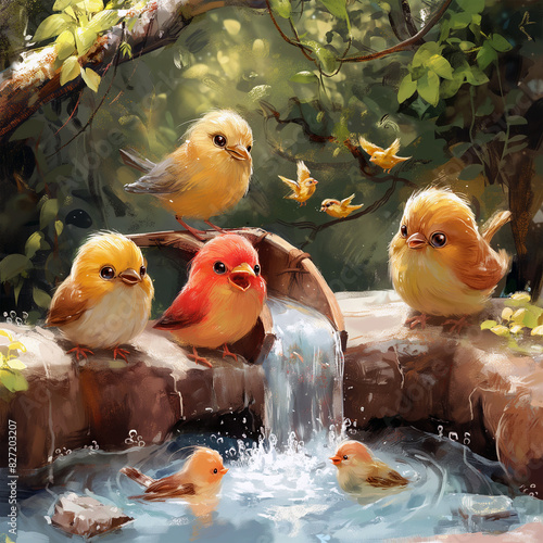 cute birds at a garden fountain