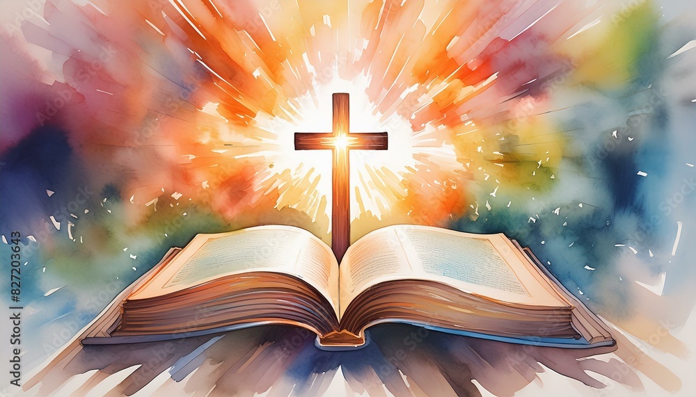 Christian Cross with Bible - Symbol of Christianity - Enlightening by Reading the Bible - Book of Christians - Cross symbol - Crucifixion of Jesus Christ - Holy Rays - Blessing from Above Christian Cross with Bible - Symbol of Christianity - Enlightening by Reading the Bible - Book of Christians - Cross symbol - Crucifixion of Jesus Christ - Holy Rays - Blessing from Above