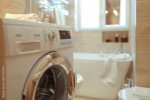 A washing machine is positioned in a bathroom adjacent to a bathtub