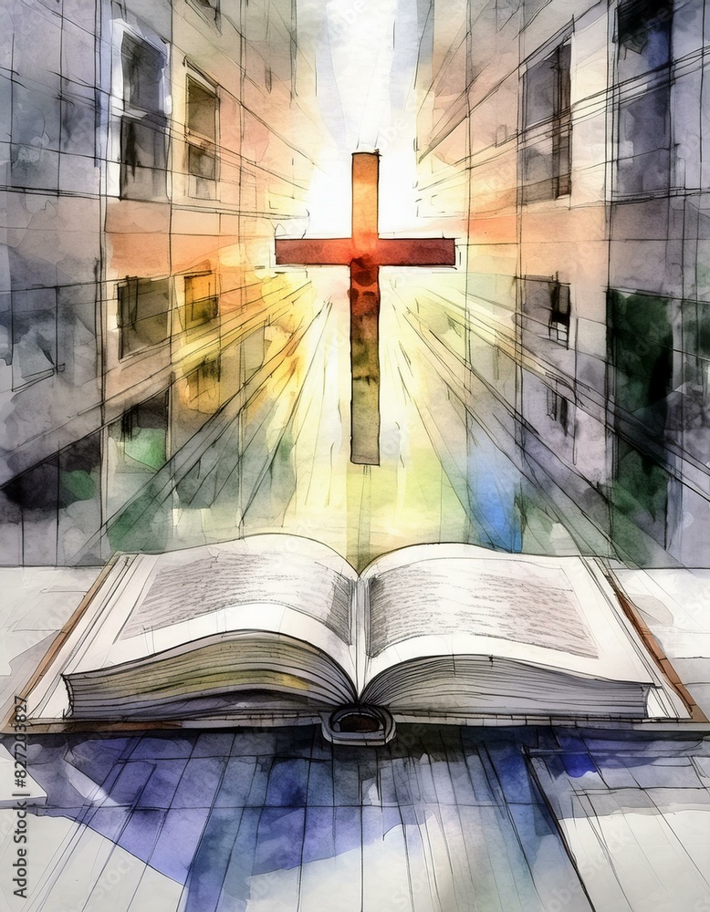 Christian Cross with Bible - Symbol of Christianity - Enlightening by Reading the Bible - Book of Christians - Cross symbol - Crucifixion of Jesus Christ - Holy Rays - Blessing from Above Christian Cross with Bible - Symbol of Christianity - Enlightening by Reading the Bible - Book of Christians - Cross symbol - Crucifixion of Jesus Christ - Holy Rays - Blessing from Above